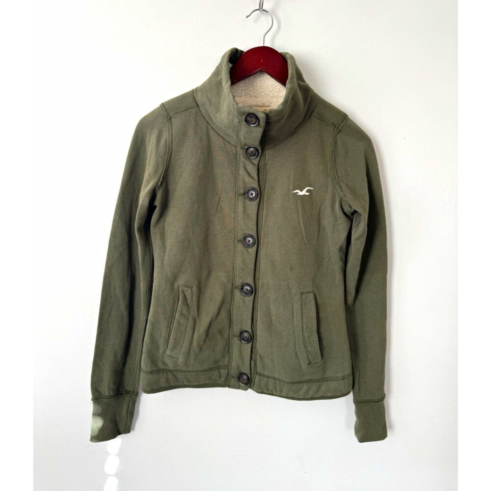Hollister Womens XS Green Sherpa Lined Button Front Collared Jacket